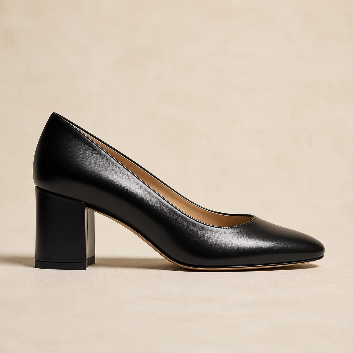 Concept visual of a low-heeled ivory shoe styled for the working day